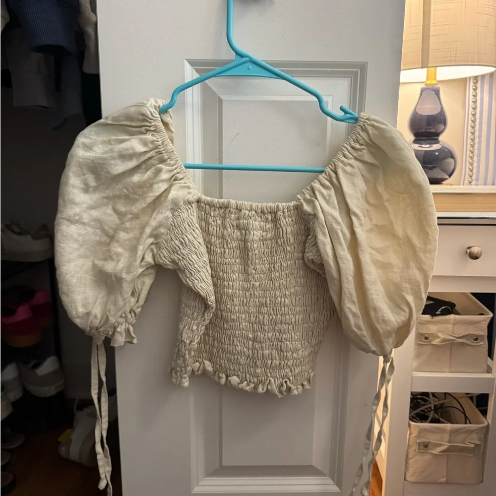 Faithfull the Brand Cream Smocked Off-Shoulder Crop Top